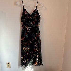 Kensie Black Floral Midi Slip Dress with Pink & Yellow Blooms